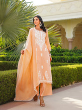 Women Peach Viscose Solid Embroidered Straight Kurta Palazzo With Dupatta-VKSKD2351